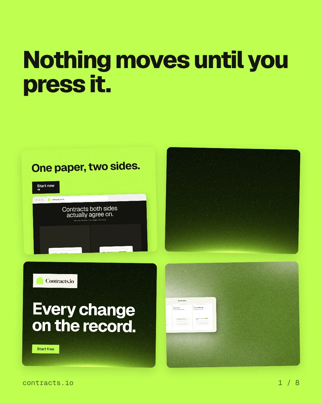 Carousel for contracts.io: "Nothing moves until you press it.". Collection carousel, 8 slides, light palette.