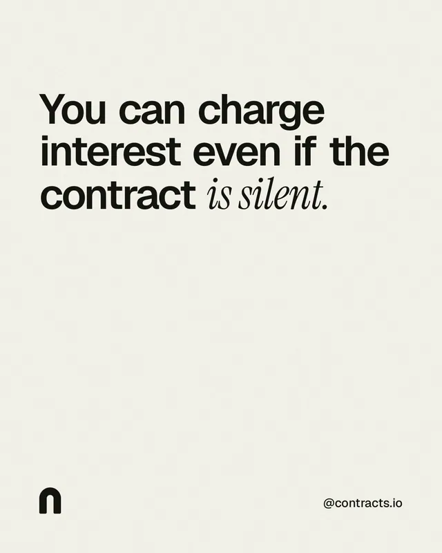 Instagram portrait post for contracts.io: "You can charge interest even if the contract is silent." Editorial style, technique:mixed type lockup layout, light palette in white, grey.