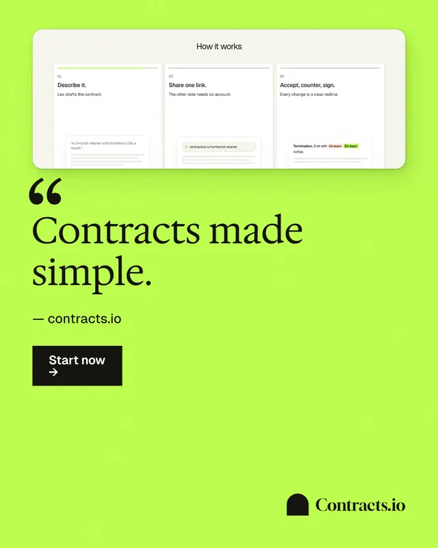 Instagram portrait post for contracts.io: "Contracts made simple." Swiss style, quote layout, light palette in green, white.