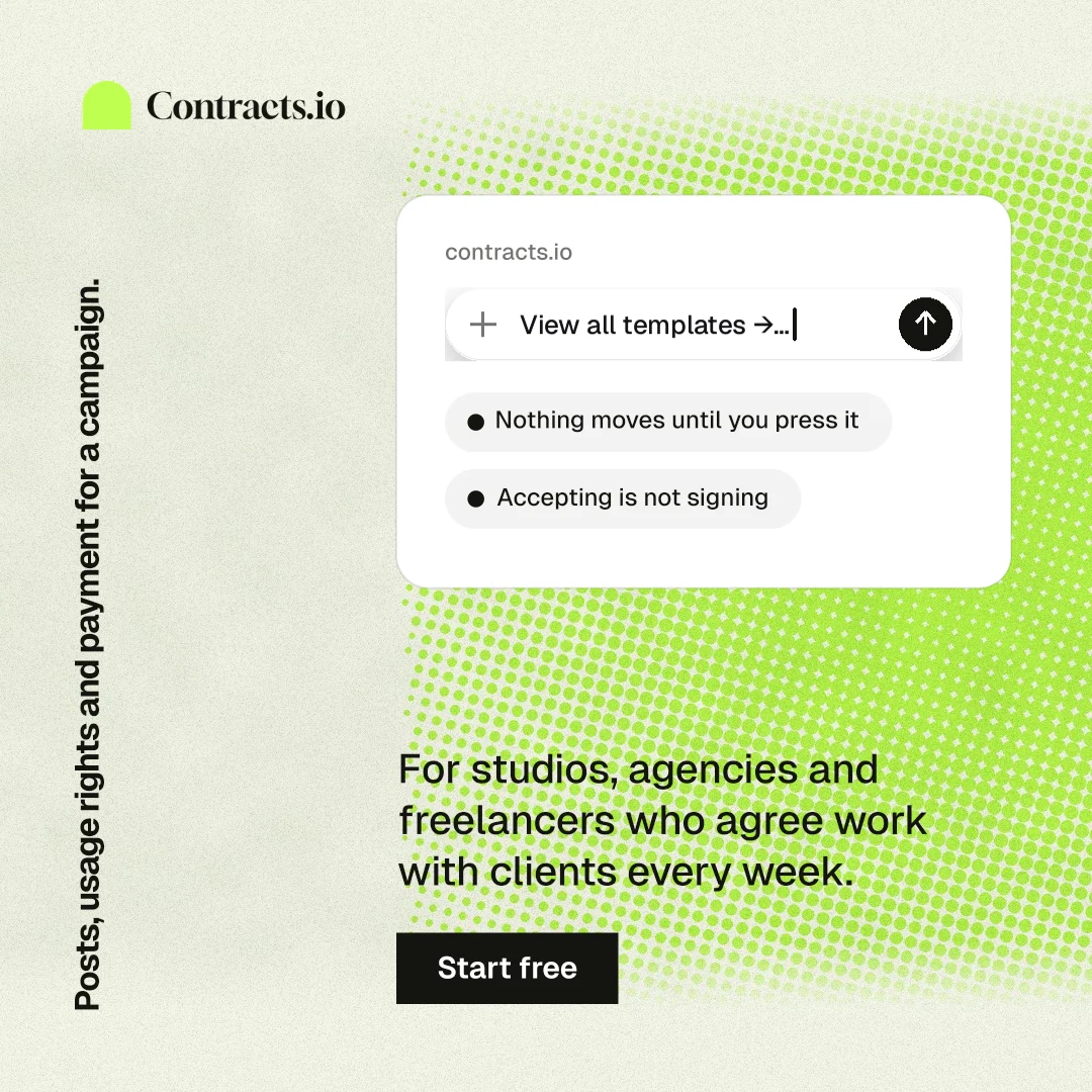 Instagram post for contracts.io: "Posts, usage rights and payment for a campaign." Swiss style, vertical layout, light palette in green, white.