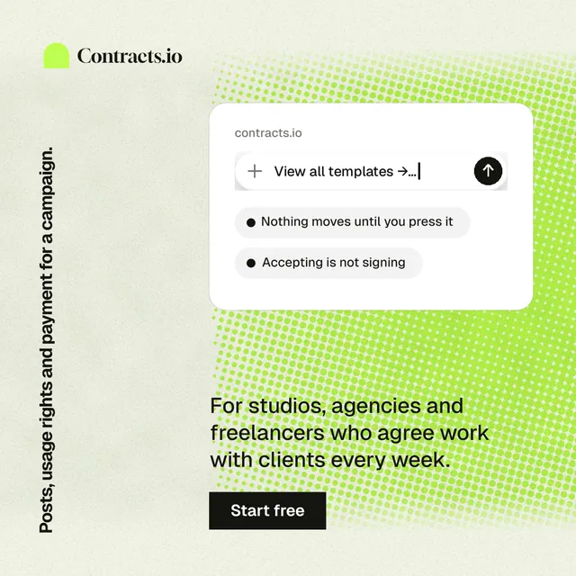 Instagram post for contracts.io: "Posts, usage rights and payment for a campaign." Swiss style, vertical layout, light palette in green, white.
