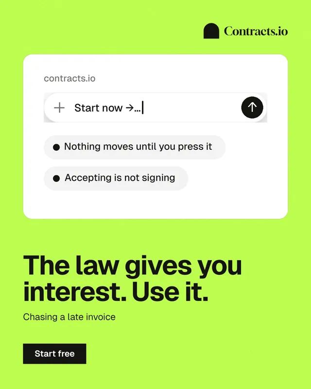Instagram portrait post for contracts.io: "The law gives you interest. Use it." Swiss style, bottom layout, light palette in green, white.