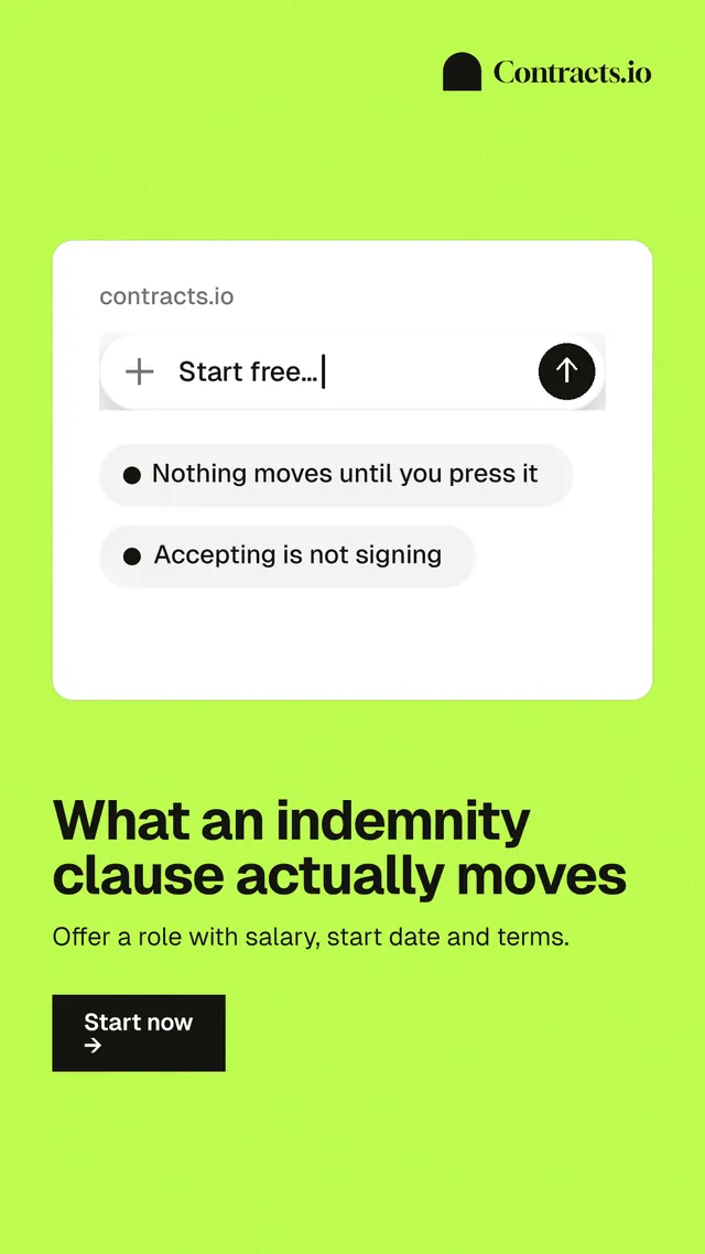 Instagram story for contracts.io: "What an indemnity clause actually moves". Swiss style, bottom layout, light palette in white, green.