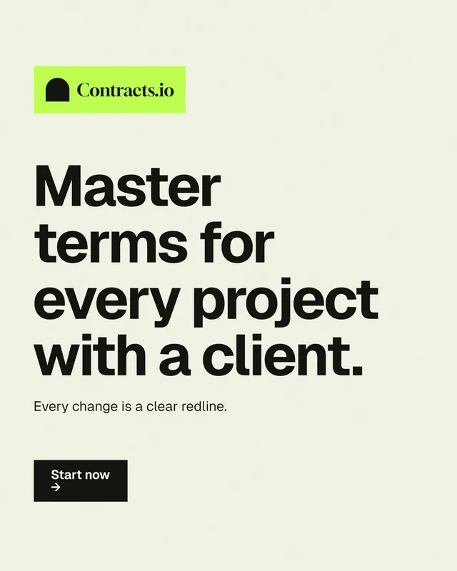 Instagram portrait post for contracts.io: "Master terms for every project with a client." Swiss style, announce layout, light palette in white, yellow, grey.