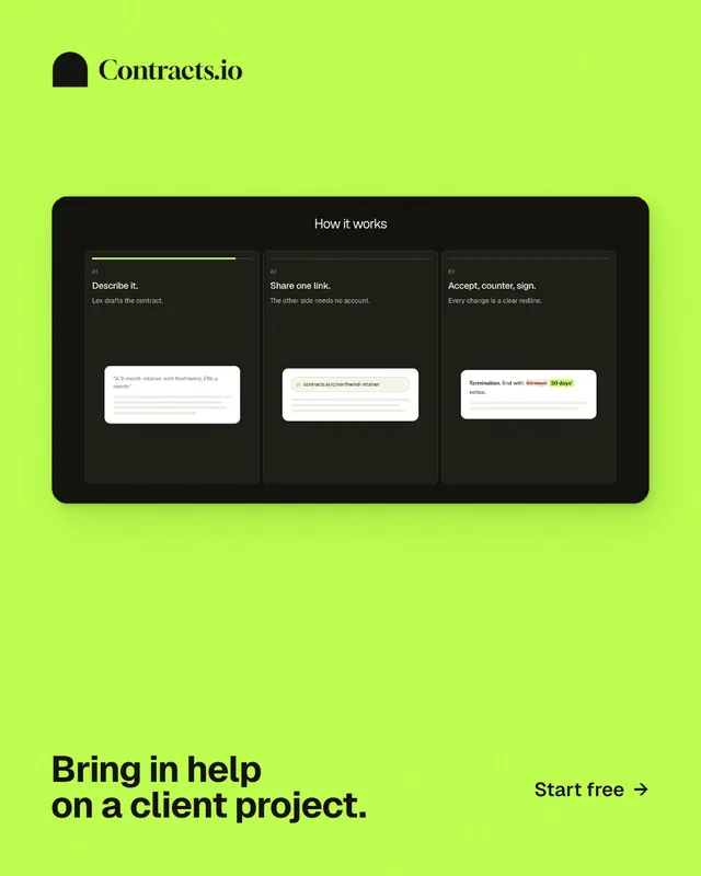 Instagram portrait post for contracts.io: "Bring in help on a client project." Swiss style, image led layout, light palette in green, black.