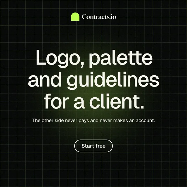 Instagram post for contracts.io: "Logo, palette and guidelines for a client." Phosphor atlas style, centred layout, dark palette in black, grey.