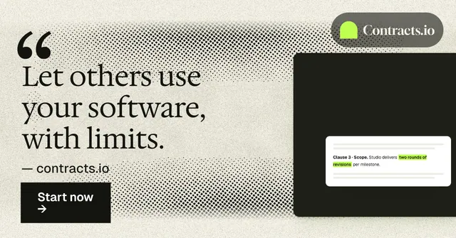 Social ad for contracts.io: "Let others use your software, with limits." Ink sticker style, quote layout, light palette in grey, black, yellow.
