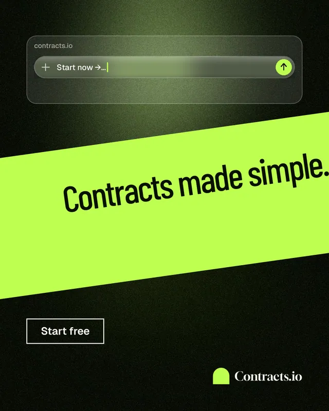 Instagram portrait post for contracts.io: "Contracts made simple." Dark deco style, diagonal layout, dark palette in black, green.