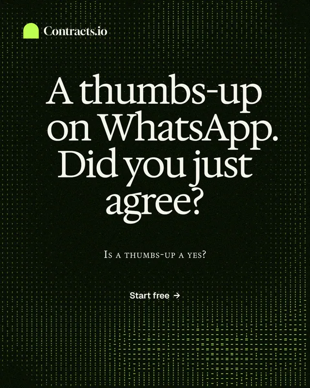 Instagram portrait post for contracts.io: "A thumbs-up on WhatsApp. Did you just agree?" Swiss style, smallcaps layout, dark palette in black, grey.