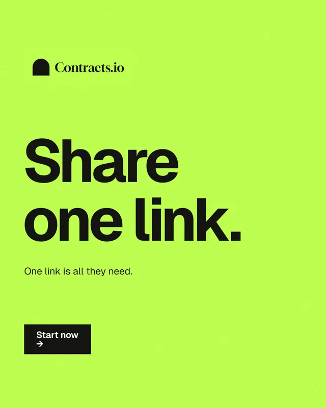 Instagram portrait post for contracts.io: "Share one link." Swiss style, announce layout, light palette in green.