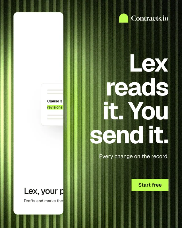 Instagram portrait post for contracts.io: "Lex reads it. You send it." Swiss style, right layout, light palette in white, black, green.