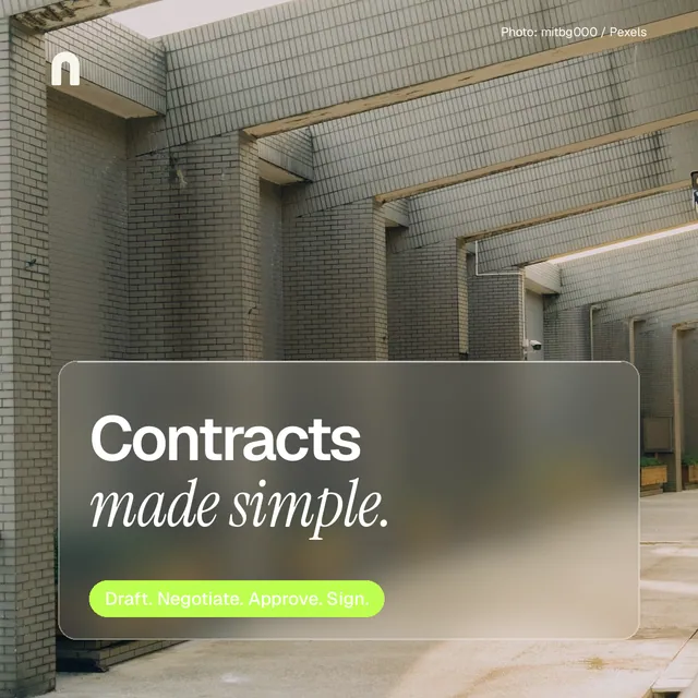 Instagram post for contracts.io: "Contracts made simple." Glass style, technique:pexels ingredient layout, light palette in grey.