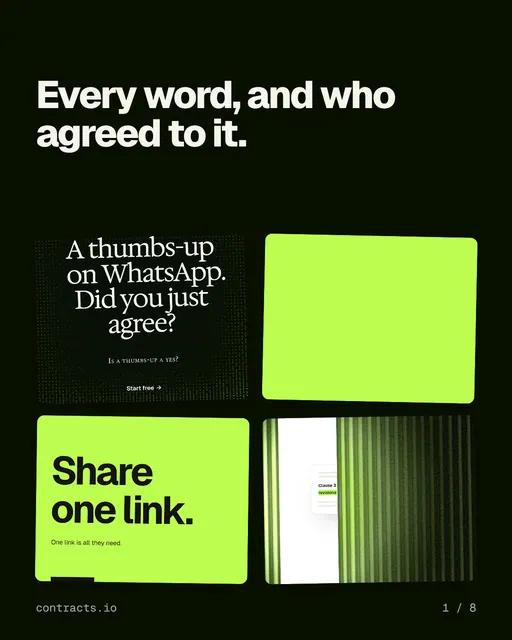 Carousel for contracts.io: "Every word, and who agreed to it.". Collection carousel, 8 slides, dark palette.