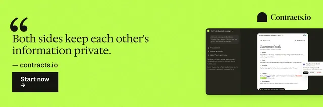 X header for contracts.io: "Both sides keep each other's information private." Swiss style, quote layout, light palette in green.