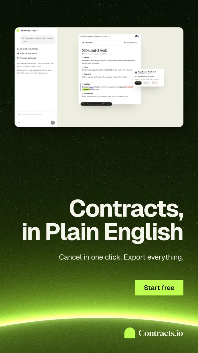 Instagram story for contracts.io: "Contracts, in Plain English". Swiss style, right layout, dark palette in green, black.