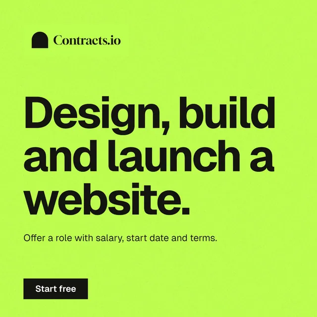 Instagram post for contracts.io: "Design, build and launch a website." Swiss style, announce layout, light palette in green.