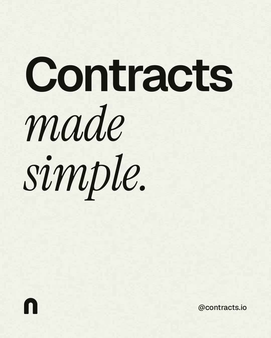 Instagram portrait post for contracts.io: "Contracts made simple." Editorial style, technique:mixed type lockup layout, light palette in white, grey.