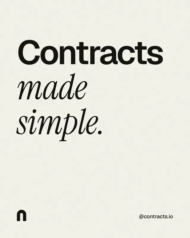 Instagram portrait post for contracts.io: "Contracts made simple." Editorial style, technique:mixed type lockup layout, light palette in white, grey.