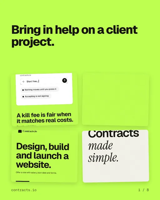 Carousel for contracts.io: "Bring in help on a client project.". Collection carousel, 8 slides, light palette.