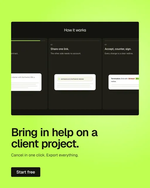 Video for contracts.io: "Bring in help on a client project.". Doc motion loop, 6.0 s, light palette.