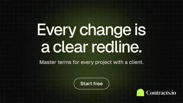 Landscape graphic for contracts.io: "Every change is a clear redline." Phosphor atlas style, centred layout, dark palette in black, grey.