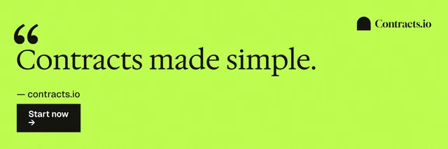 X header for contracts.io: "Contracts made simple." Swiss style, quote layout, light palette in green.
