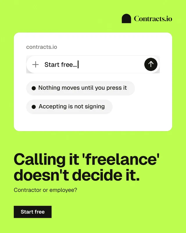 Instagram portrait post for contracts.io: "Calling it 'freelance' doesn't decide it." Swiss style, bottom layout, light palette in white, green.