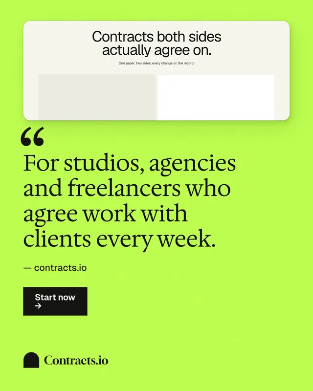 Instagram portrait post for contracts.io: "For studios, agencies and freelancers who agree work with clients every week." Swiss style, quote layout, light palette in green.