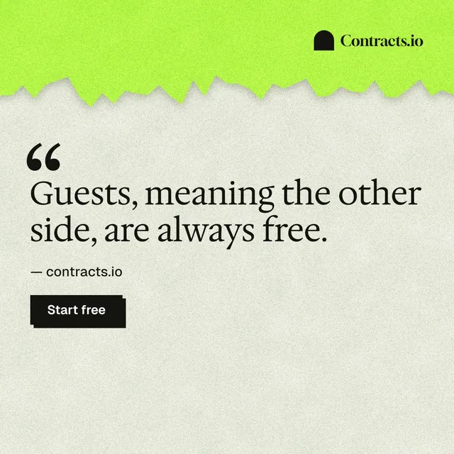 Instagram post for contracts.io: "Guests, meaning the other side, are always free." Paper trio style, quote layout, light palette in green, grey.
