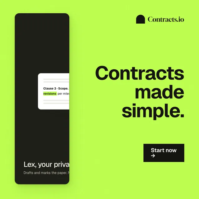 Instagram post for contracts.io: "Contracts made simple." Swiss style, right layout, light palette in green, black.