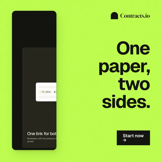 Instagram post for contracts.io: "One paper, two sides." Swiss style, right layout, light palette in green.