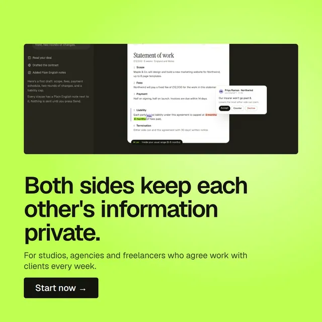 Video for contracts.io: "Both sides keep each other's information private.". Doc motion loop, 8.0 s, light palette.