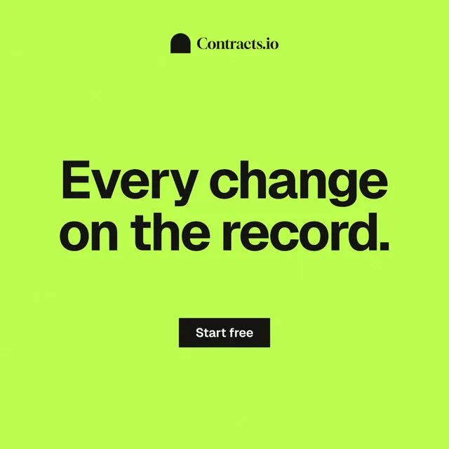Instagram post for contracts.io: "Every change on the record." Swiss style, centred layout, light palette in green.