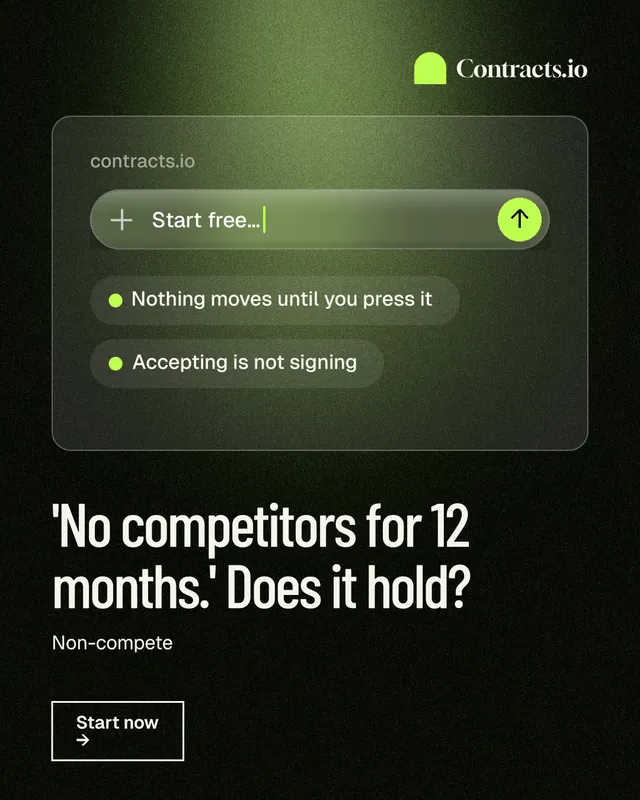Instagram portrait post for contracts.io: "'No competitors for 12 months.' Does it hold?" Dark deco style, bottom layout, dark palette in black, green, grey.