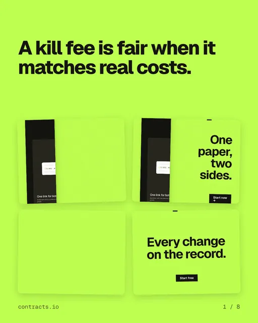 Carousel for contracts.io: "A kill fee is fair when it matches real costs.". Collection carousel, 8 slides, light palette.
