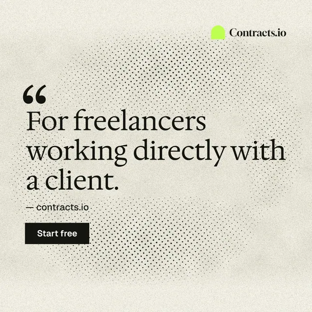 Instagram post for contracts.io: "For freelancers working directly with a client." Ink sticker style, quote layout, light palette in yellow, grey.