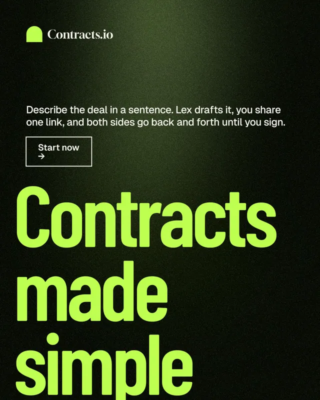 Instagram portrait post for contracts.io: "Contracts made simple." Dark deco style, oversized layout, dark palette in green, black.
