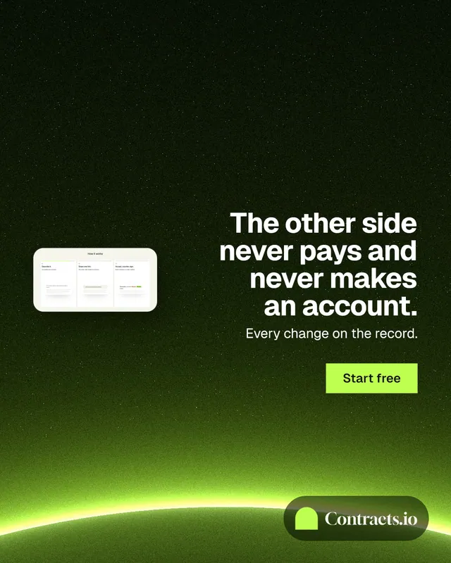Instagram portrait post for contracts.io: "The other side never pays and never makes an account." Swiss style, right layout, dark palette in green, black.