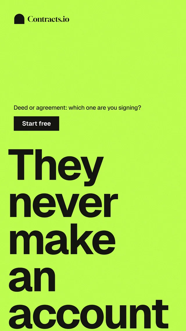 Instagram story for contracts.io: "They never make an account." Swiss style, oversized layout, light palette in green.