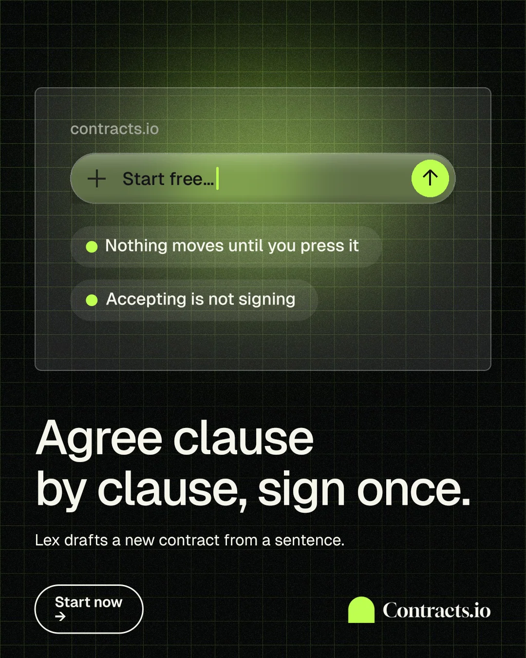 Instagram portrait post for contracts.io: "Agree clause by clause, sign once." Phosphor atlas style, bottom layout, dark palette in black, green.