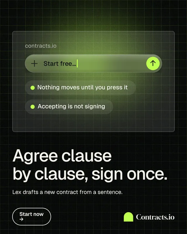 Instagram portrait post for contracts.io: "Agree clause by clause, sign once." Phosphor atlas style, bottom layout, dark palette in black, green.