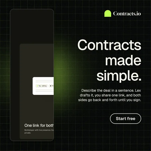 Instagram post for contracts.io: "Contracts made simple." Phosphor atlas style, right layout, dark palette in black, grey.