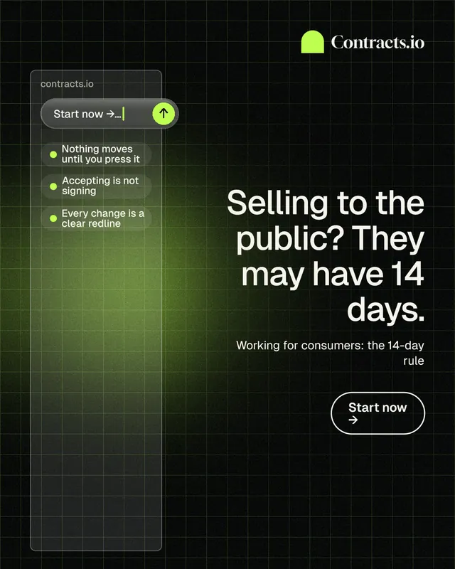 Instagram portrait post for contracts.io: "Selling to the public? They may have 14 days." Phosphor atlas style, right layout, dark palette in black, green.