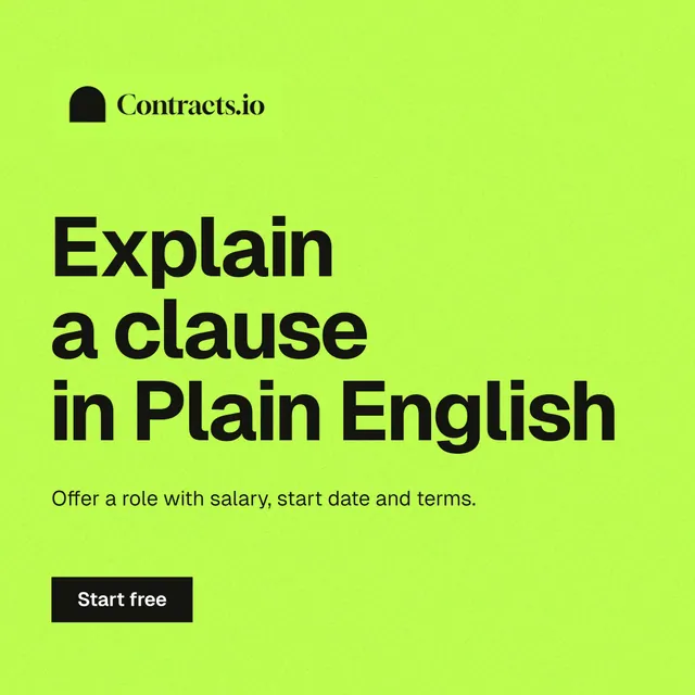 Instagram post for contracts.io: "Explain a clause in Plain English". Swiss style, announce layout, light palette in green.