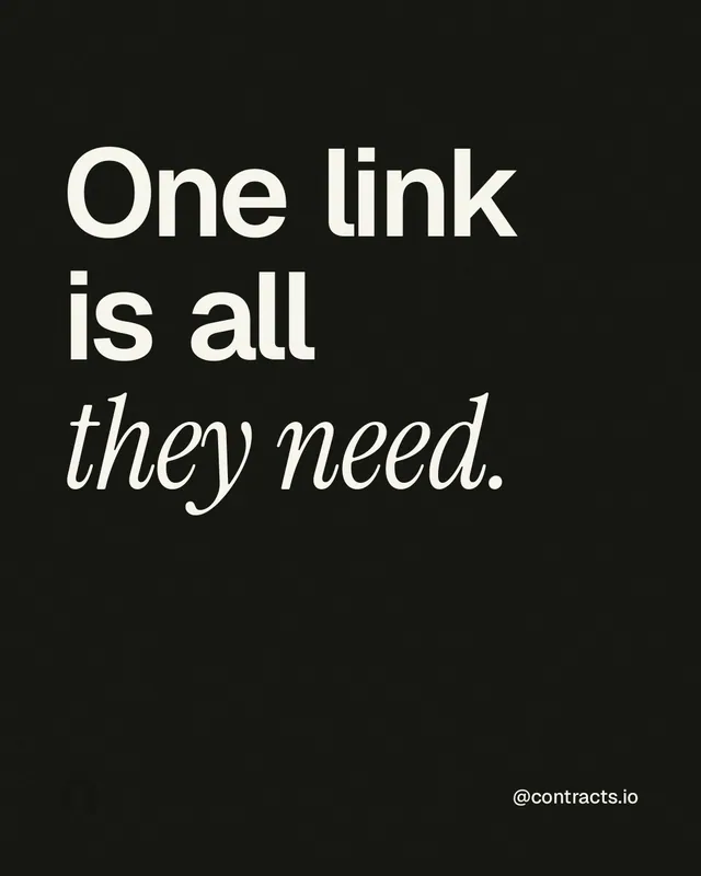 Instagram portrait post for contracts.io: "One link is all they need." Editorial style, technique:mixed type lockup layout, dark palette in black, grey.