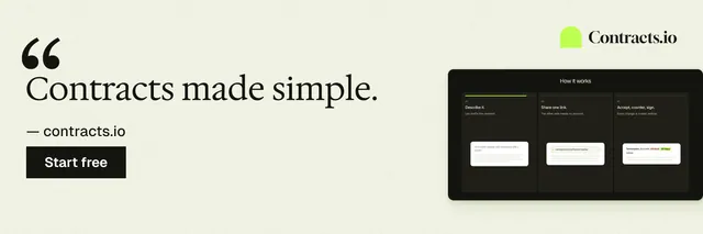 X header for contracts.io: "Contracts made simple." Swiss style, quote layout, light palette in white, grey, green.