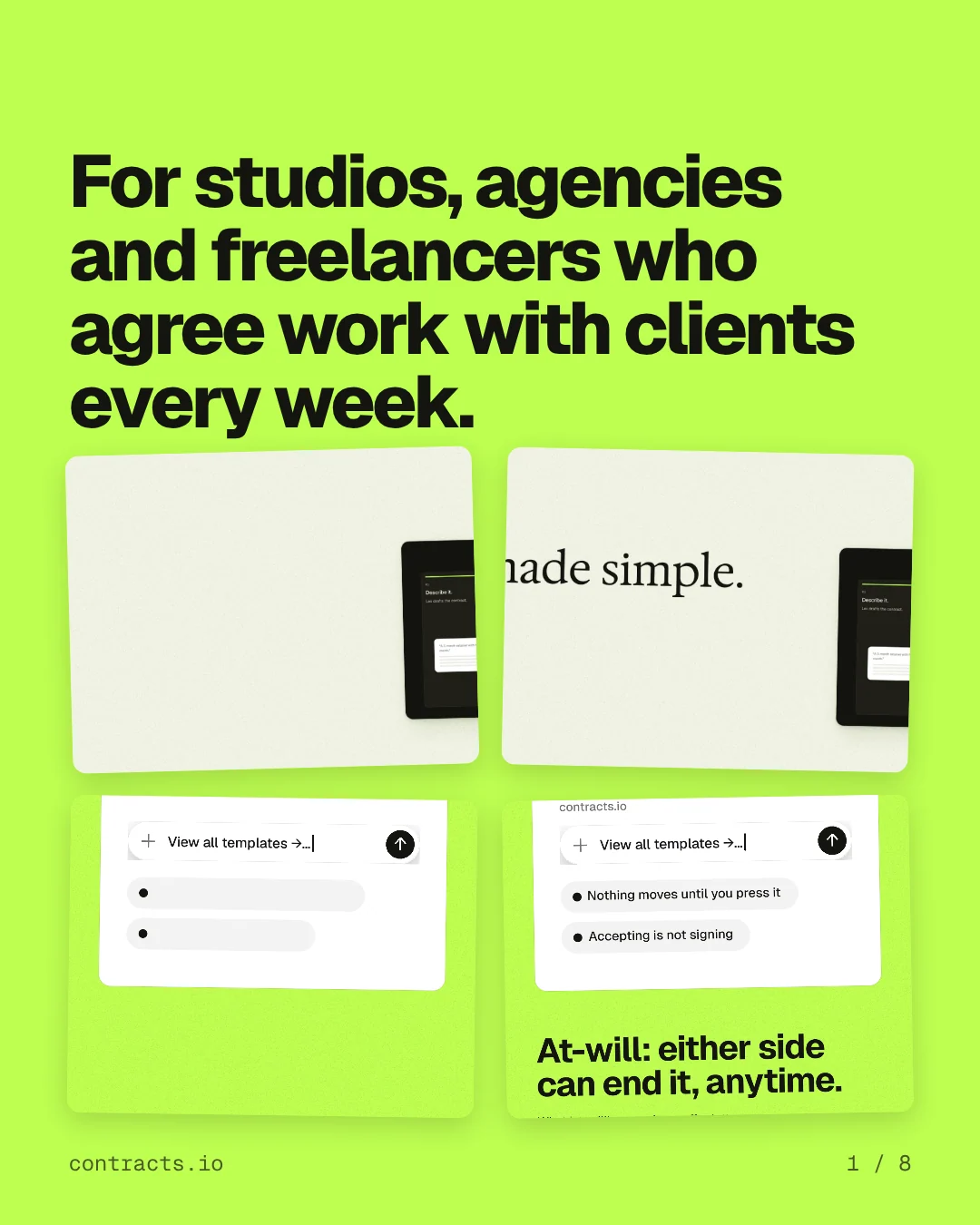 Carousel for contracts.io: "For studios, agencies and freelancers who agree work with clients every week.". Collection carousel, 8 slides, light palette.