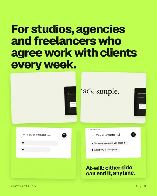 Carousel for contracts.io: "For studios, agencies and freelancers who agree work with clients every week.". Collection carousel, 8 slides, light palette.