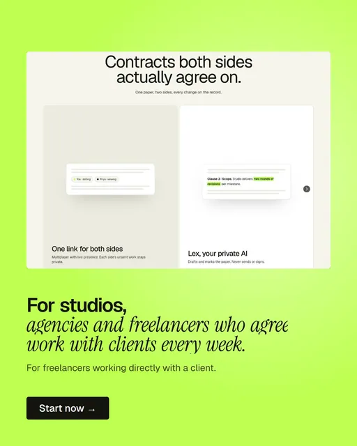 Video for contracts.io: "For studios, agencies and freelancers who agree work with clients every week.". Doc motion loop, 7.0 s, light palette.