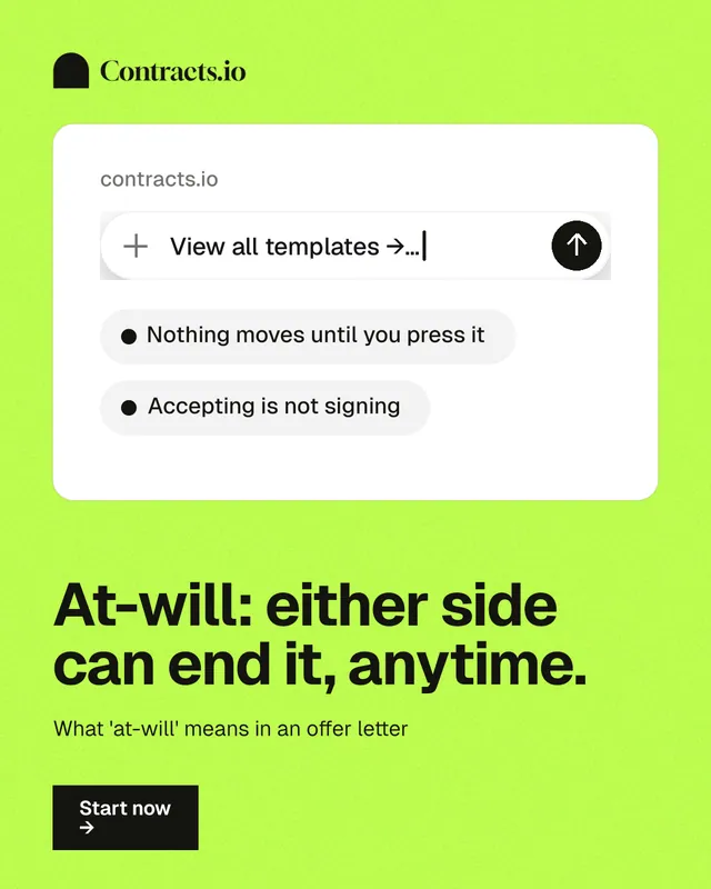 Instagram portrait post for contracts.io: "At-will: either side can end it, anytime." Swiss style, bottom layout, light palette in green, white.
